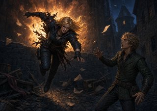 Wren struck by Cinnabar's fireball as she tops the alley wall; Grahm looks up in shock