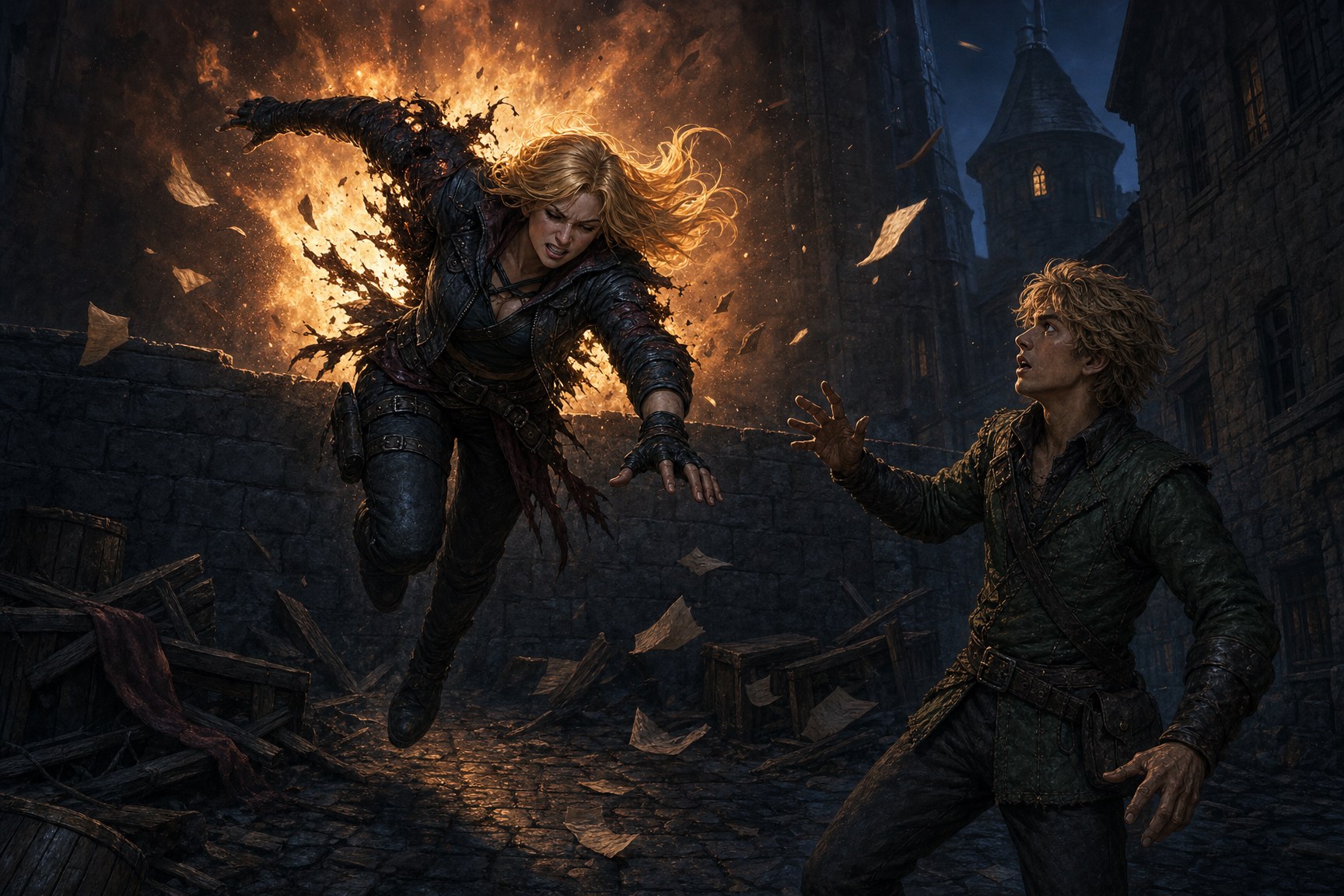 Wren struck by Cinnabar's fireball as she tops the alley wall; Grahm looks up in shock