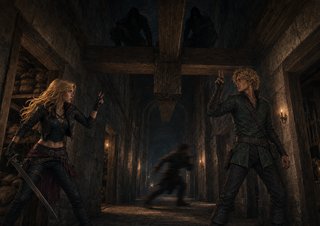 Wren and Grahm coordinate in the Brethren guild hall as a silhouette crosses the passage and enemies wait above the support joist