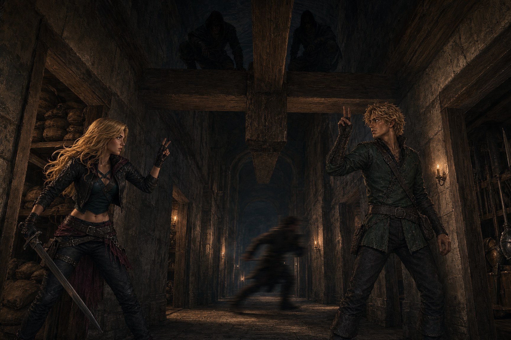 Wren and Grahm coordinate in the Brethren guild hall as a silhouette crosses the passage and enemies wait above the support joist