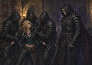 Wren restrained by Dagger thugs before the Set priest Hethanon in the torch-lit Brethren guild corridor