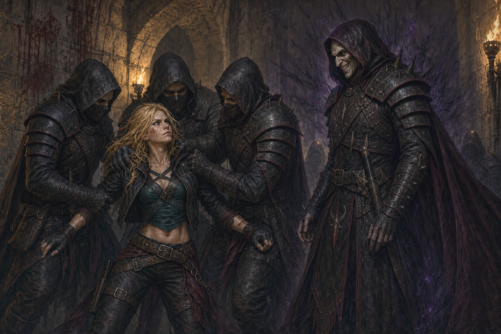 Wren restrained by Dagger thugs before the Set priest Hethanon in the torch-lit Brethren guild corridor