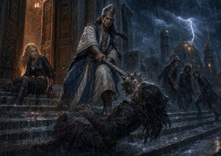 Jharon Ko drives back Dagger thieves with his mace at Ishtar's temple steps while Wren collapses in the doorway