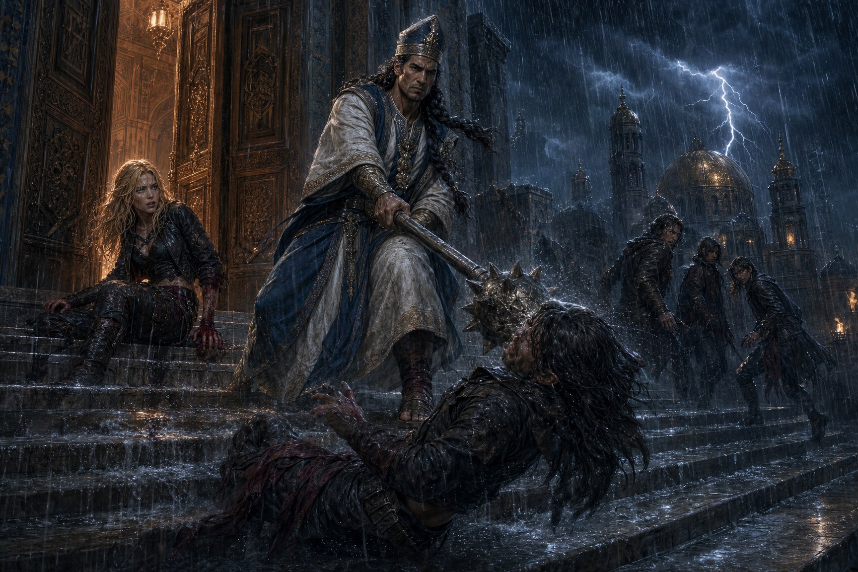 Jharon Ko drives back Dagger thieves with his mace at Ishtar's temple steps while Wren collapses in the doorway