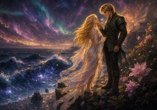 Wren in silken dream robes meets Grahm's spectre at a cliff overlooking a starlit dark ocean