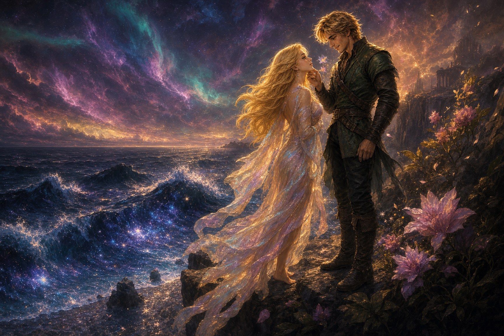 Wren in silken dream robes meets Grahm's spectre at a cliff overlooking a starlit dark ocean