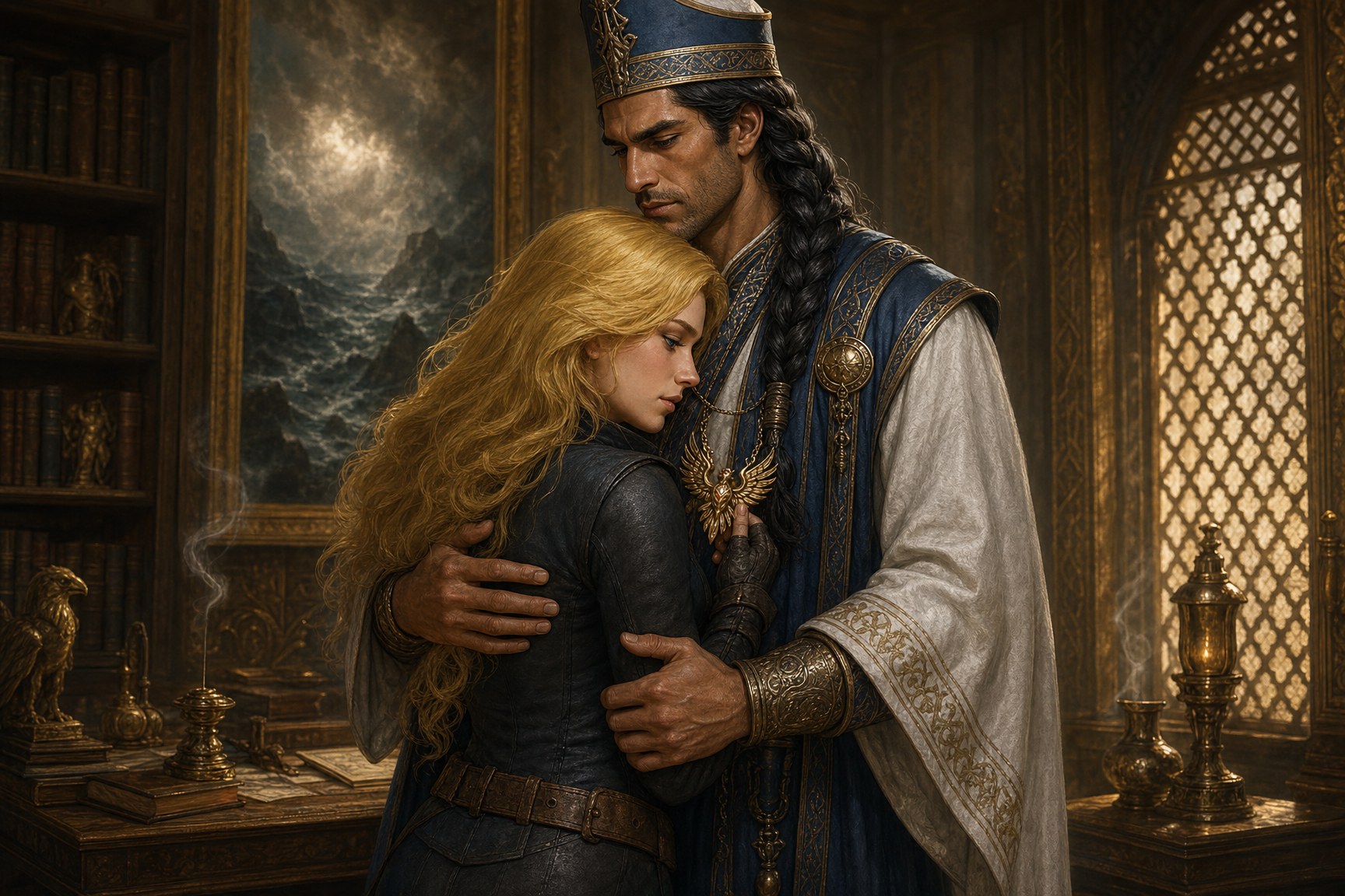 Wren embraces Jharon in his study, holding the phoenix amulet with a troubled expression