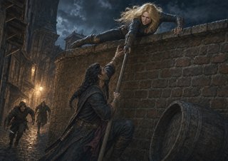 Wren braces atop a brick wall lowering a staff to Jharon as rogue thieves rush up the alley behind him