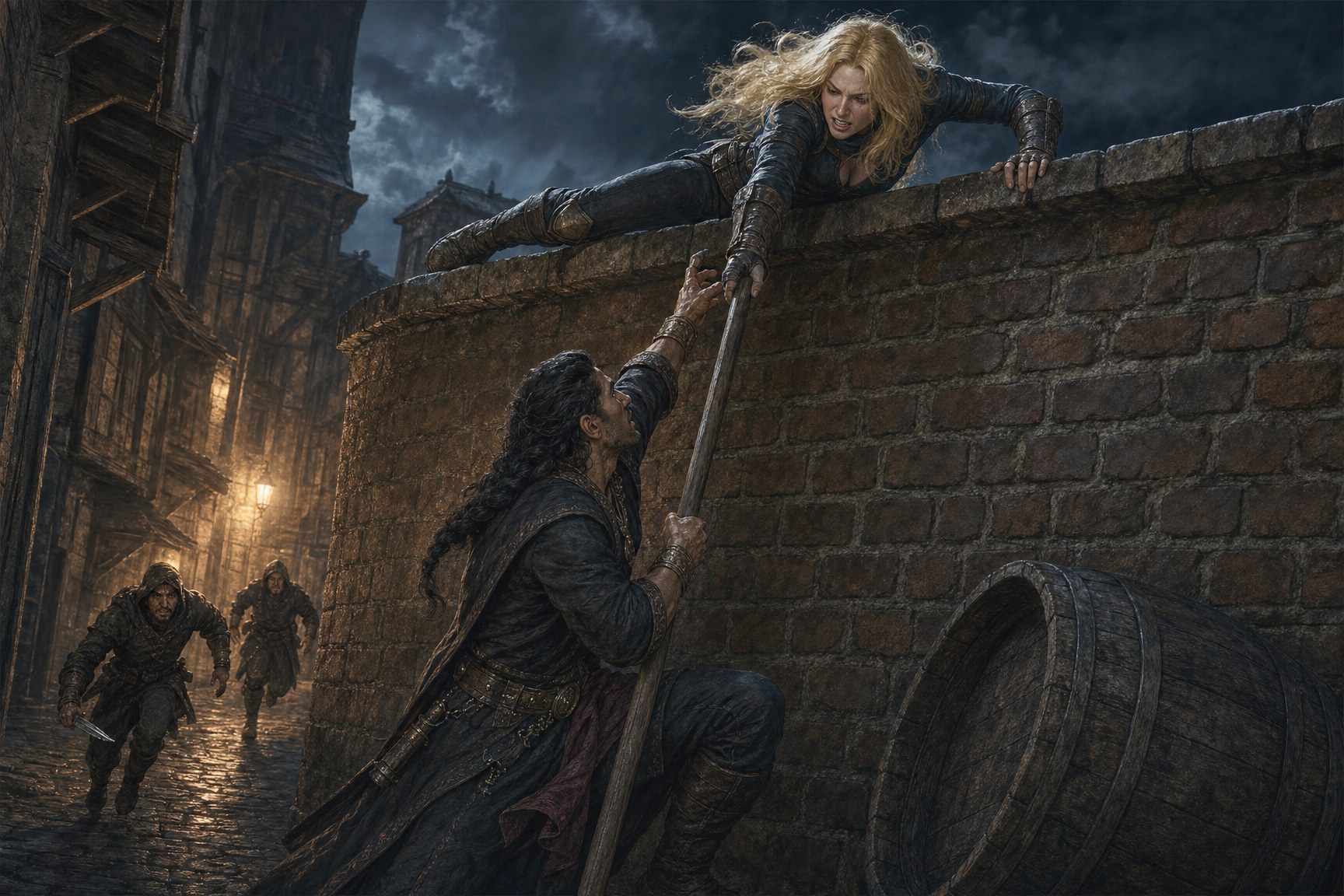 Wren braces atop a brick wall lowering a staff to Jharon as rogue thieves rush up the alley behind him