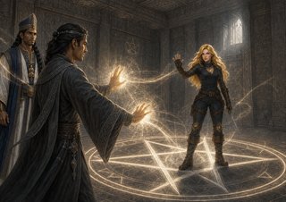 Wren stands in a glowing silver pentagram as Sovereign Dauntless channels teleport magic while Jharon watches with a concerned expression