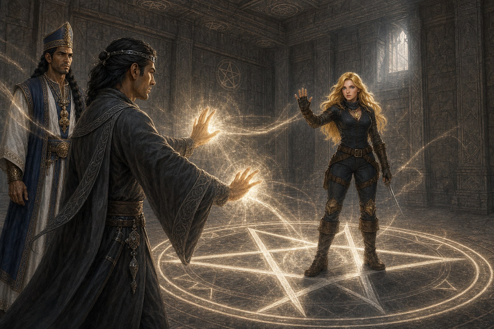 Wren stands in a glowing silver pentagram as Sovereign Dauntless channels teleport magic while Jharon watches with a concerned expression