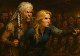 Wren and Damrosil in a dagger contest at the Green Dragon tavern