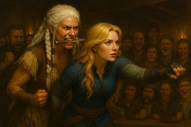 Wren and Damrosil in a dagger contest at the Green Dragon tavern